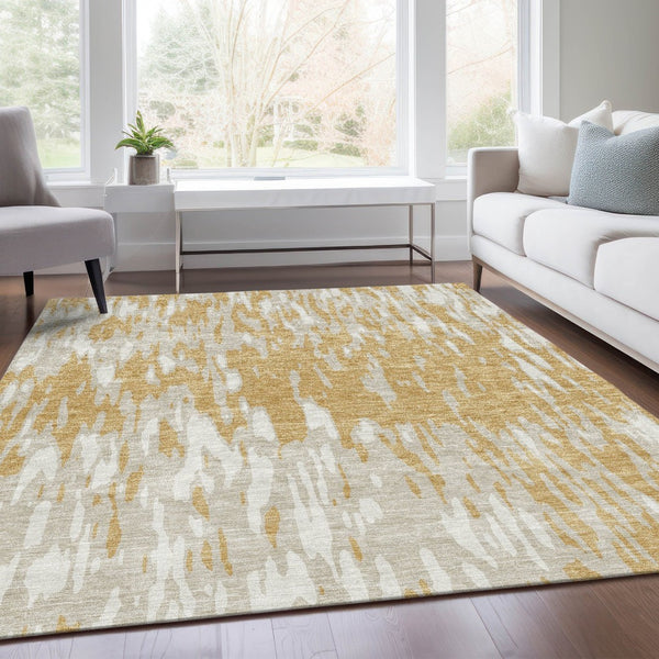 HomeRoots 8' X 10' Gold And Ivory Abstract Area Rug - Durable, Washable, Stain-Resistant, UV Protected Design! 675154