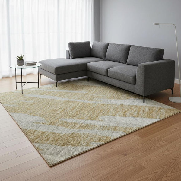 HomeRoots 9' X 12' Washable Gold and Ivory Abstract Area Rug with UV Protection for Stylish, Low-Maintenance Living 675155