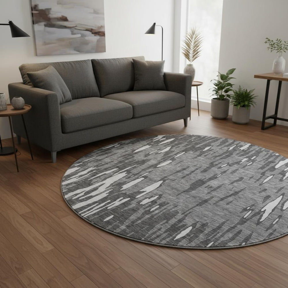 HomeRoots 8' Gray And Ivory Abstract Washable Round Rug – Durable, Stain Resistant, UV Protected for Modern Homes 675159