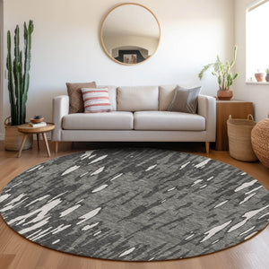 HomeRoots 8' Gray And Ivory Abstract Washable Round Rug – Durable, Stain Resistant, UV Protected for Modern Homes 675159