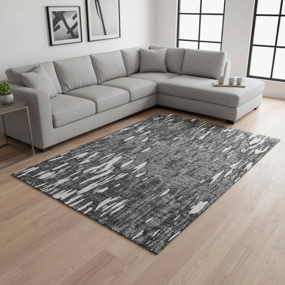 HomeRoots 9' X 12' Gray & Ivory Abstract Washable Area Rug – Durable, UV-Protected, Modern Elegance for Homes 675161