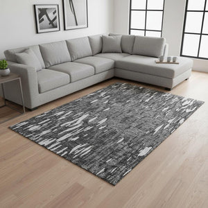 HomeRoots 9' X 12' Gray & Ivory Abstract Washable Area Rug – Durable, UV-Protected, Modern Elegance for Homes 675161