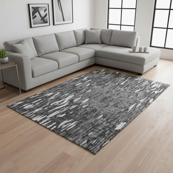 HomeRoots 9' X 12' Gray & Ivory Abstract Washable Area Rug – Durable, UV-Protected, Modern Elegance for Homes 675161