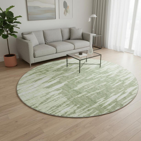 HomeRoots 8' Elegant Green and Ivory Abstract Washable Round Rug with UV Protection for Stylish Spaces 675165