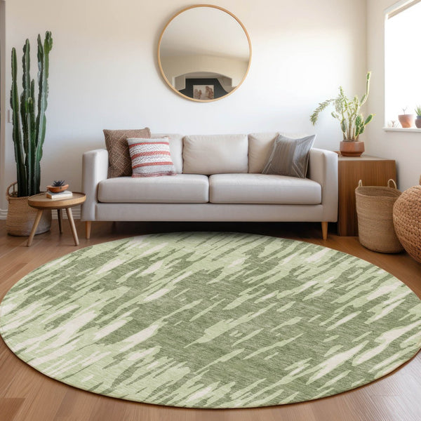HomeRoots 8' Elegant Green and Ivory Abstract Washable Round Rug with UV Protection for Stylish Spaces 675165