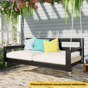 English Elm TOPMAX Acacia Wood Twin Porch Swing Bed Frame with High Back, 350lb Capacity & 118" Hemp Ropes Black N717P265795B