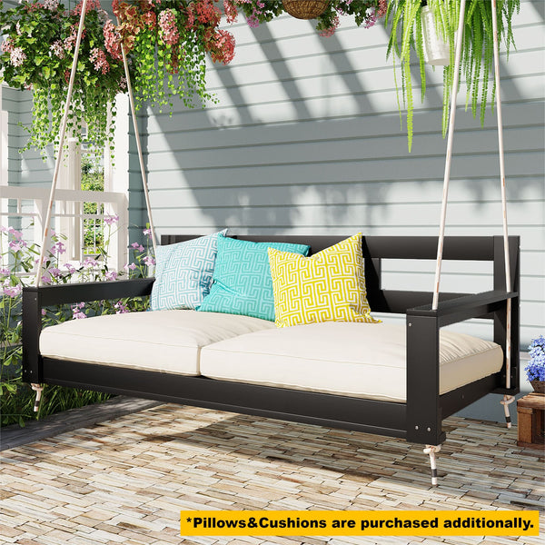 English Elm TOPMAX Acacia Wood Twin Porch Swing Bed Frame with High Back, 350lb Capacity & 118" Hemp Ropes Black N717P265795B