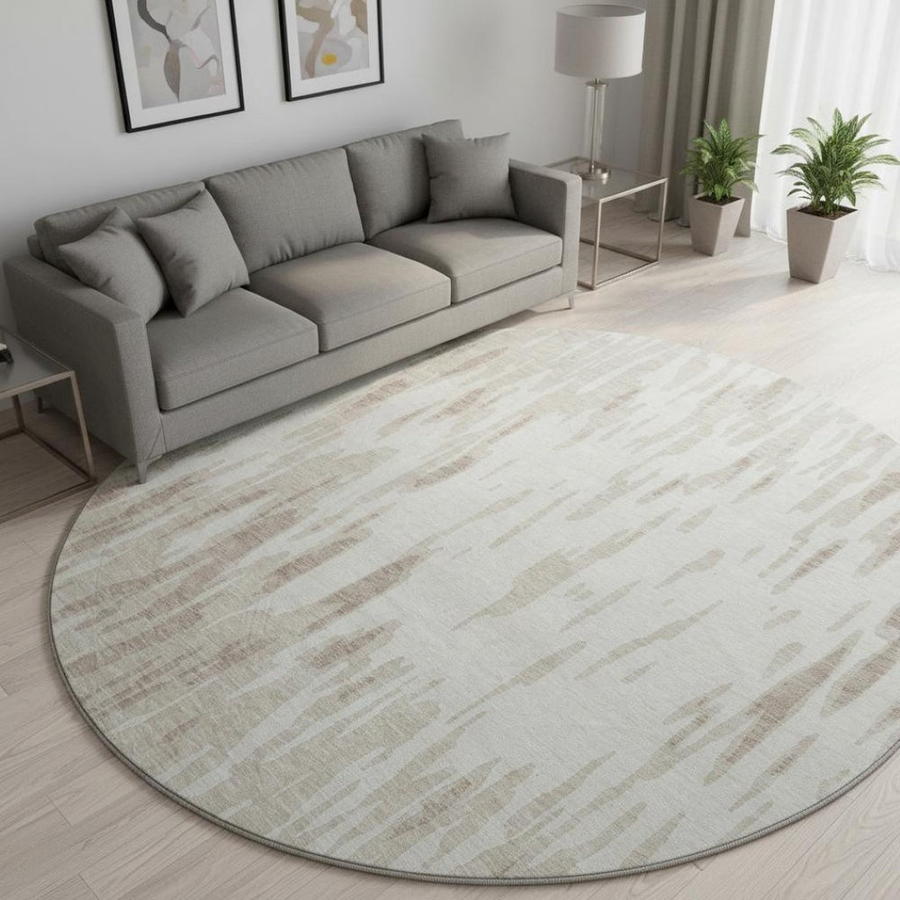 HomeRoots 8' Ivory and Beige Abstract Washable Round Rug - UV Protected, Durable, Stain-Resistant Design for Homes 675171