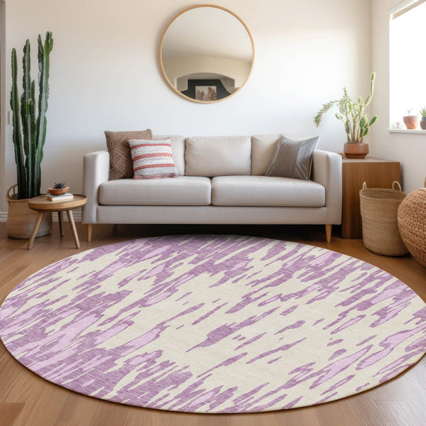 HomeRoots 8' Lavender and Ivory Abstract Round Washable Rug - UV Protected, Durable, Easy-Care for Busy Homes 675177