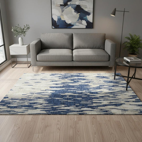 HomeRoots 5' X 8' Navy Blue & Ivory Abstract Area Rug – Stylish, Washable, UV Protected & Stain-Resistant Design! 675182