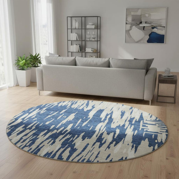 HomeRoots 8' Navy Blue and Ivory Abstract Round Rug - Washable, UV-Protected, Stylish & Durable for Homes 675183