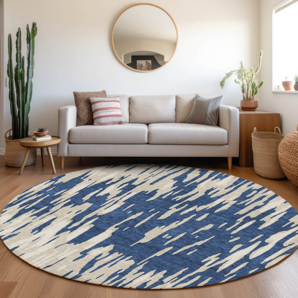 HomeRoots 8' Navy Blue and Ivory Abstract Round Rug - Washable, UV-Protected, Stylish & Durable for Homes 675183