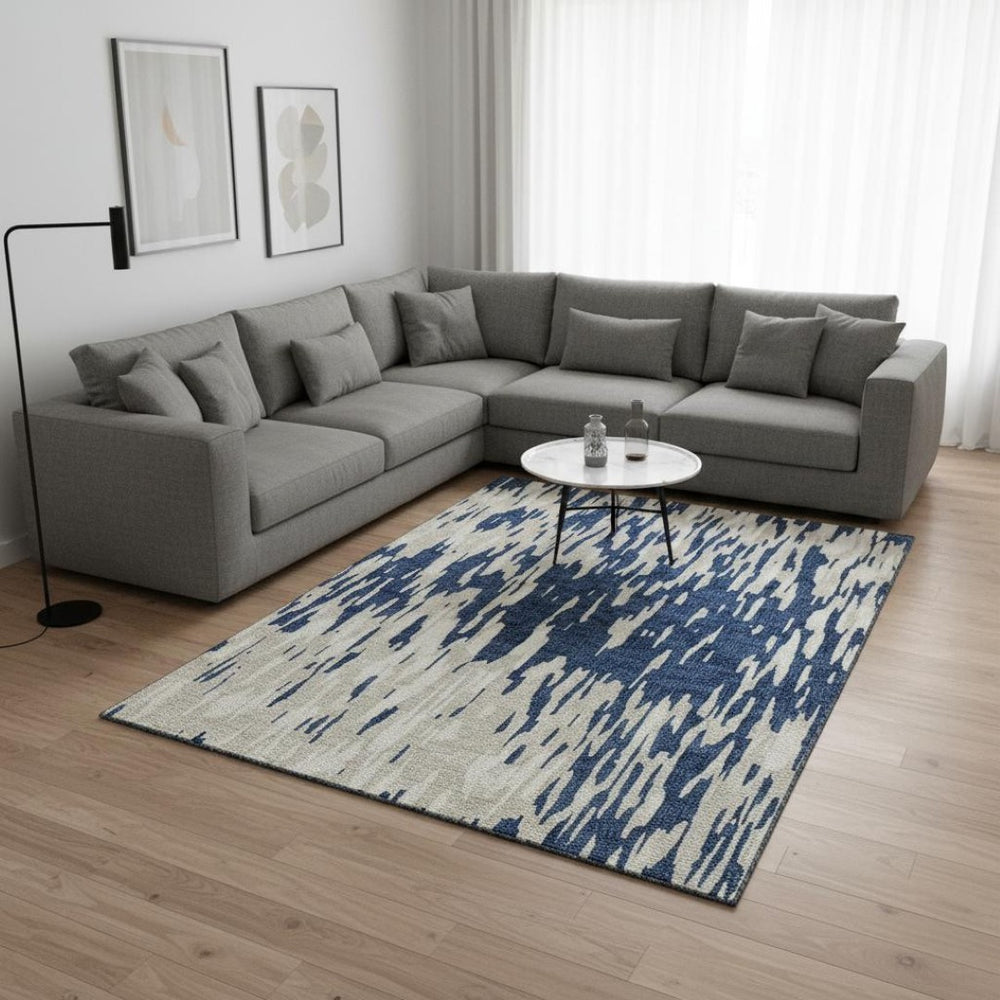HomeRoots 8' X 10' Navy Blue & Ivory Abstract Area Rug - Stylish, Washable, UV-Resistant for High-Traffic Areas 675184
