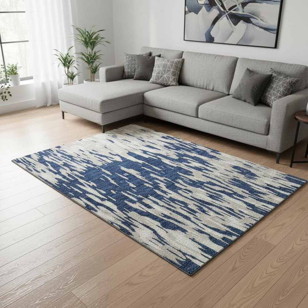 HomeRoots 9' X 12' Navy Blue and Ivory Abstract Rug - Washable, Stain-Resistant, UV Protected for High Traffic Areas 675185