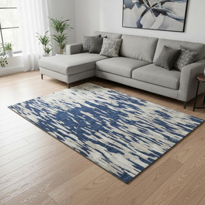 HomeRoots 9' X 12' Navy Blue and Ivory Abstract Rug - Washable, Stain-Resistant, UV Protected for High Traffic Areas 675185