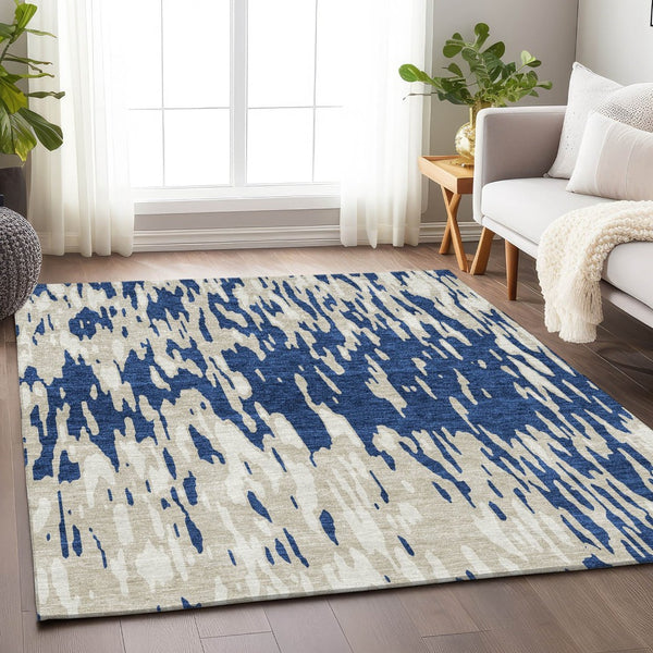 HomeRoots 9' X 12' Navy Blue and Ivory Abstract Rug - Washable, Stain-Resistant, UV Protected for High Traffic Areas 675185