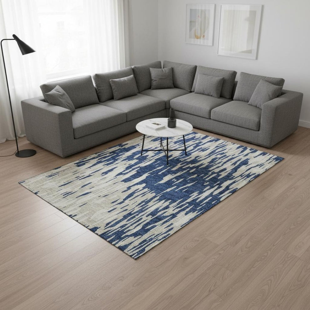 HomeRoots 10' X 14' Navy Blue & Ivory Abstract Area Rug – Washable, UV Protected, Stain Resistant for Modern Homes 675186