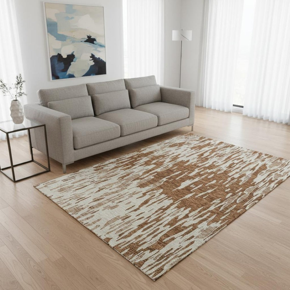 HomeRoots 5' X 8' Abstract Washable Area Rug in Rust and Ivory – Durable, Stain-Resistant, UV Protected Design 675188