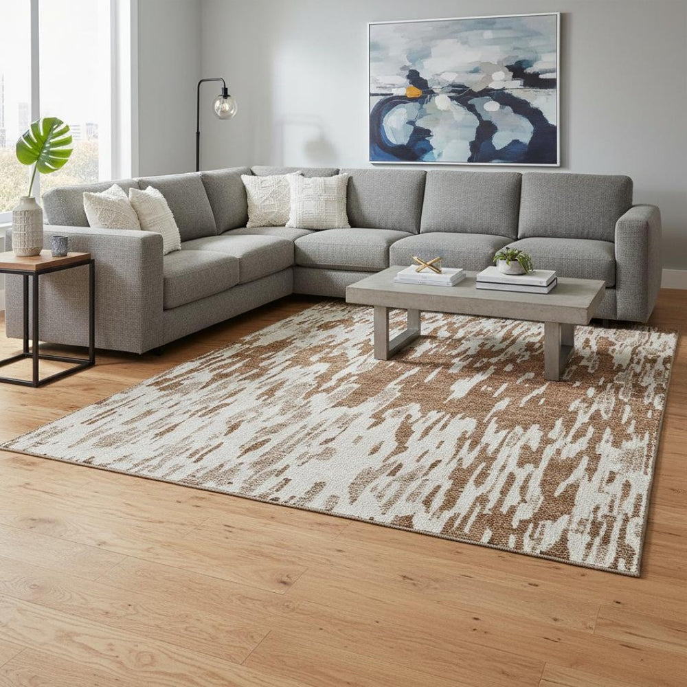 HomeRoots 9' X 12' Modern Rust and Ivory Abstract Area Rug - Washable, Stain Resistant, UV Protected Comfort 675191