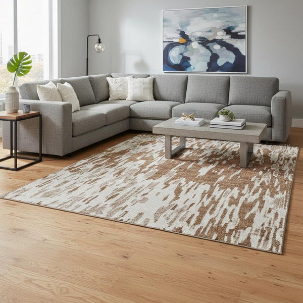 HomeRoots 9' X 12' Modern Rust and Ivory Abstract Area Rug - Washable, Stain Resistant, UV Protected Comfort 675191