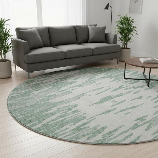HomeRoots 8' Sage and Ivory Modern Abstract Washable Round Rug with Stain Resistance and UV Protection 675195