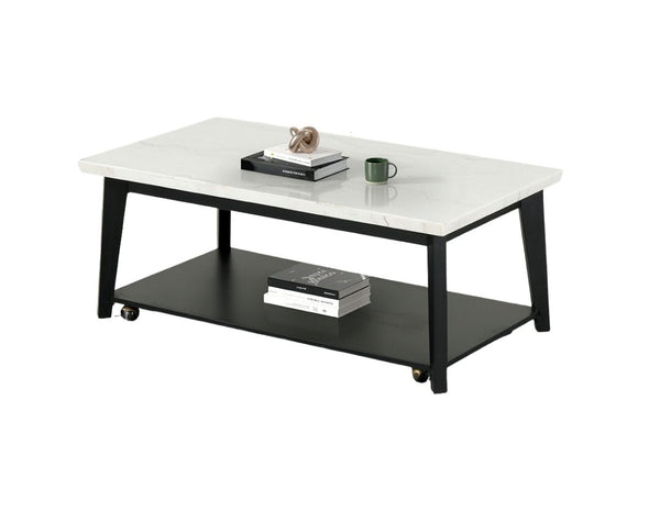 English Elm Contemporary Coffee Table With Marble Top, Caster Wheels & Storage Shelf - Stylish Black & White Design B2741P395098