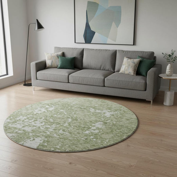 HomeRoots 8' Stylish Artichoke Green & Ivory Washable Round Rug with UV Protection for Modern Spaces 675201