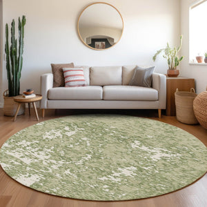 HomeRoots 8' Stylish Artichoke Green & Ivory Washable Round Rug with UV Protection for Modern Spaces 675201