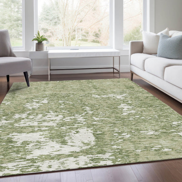 HomeRoots 10' X 14' Artichoke Green & Ivory Abstract Washable Area Rug with UV Protection for Modern Spaces 675204