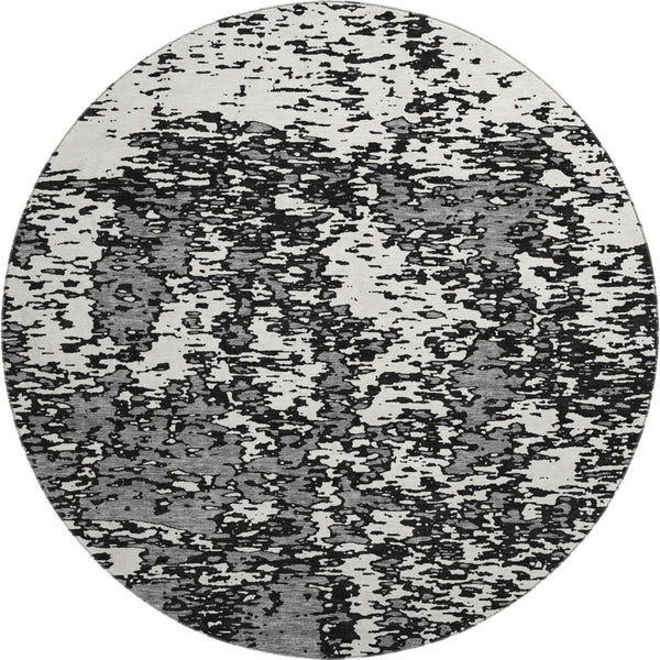 HomeRoots 8' Black And Ivory Abstract Round Rug - Washable, UV Protected, Stain Resistant for Modern Homes 675207