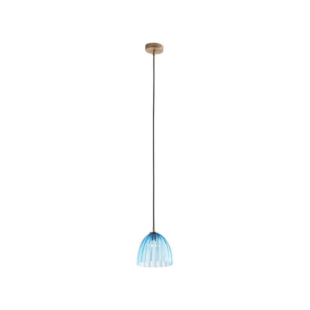 Wildwood Caterina Mouth-Blown Aqua Pendant Light With Rippled Dome, Antique Brass Accents, Italian Craftsmanship 67521