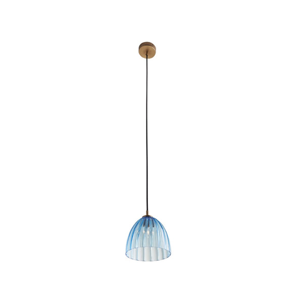 Wildwood Caterina Mouth-Blown Aqua Pendant Light With Rippled Dome, Antique Brass Accents, Italian Craftsmanship 67521
