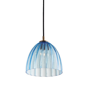 Wildwood Caterina Mouth-Blown Aqua Pendant Light With Rippled Dome, Antique Brass Accents, Italian Craftsmanship 67521