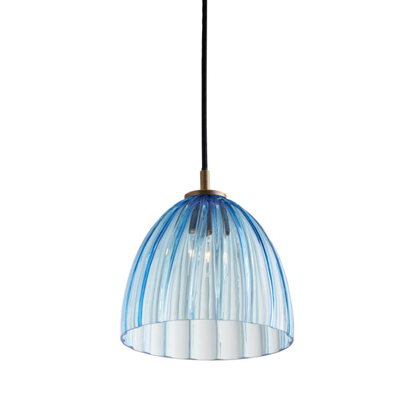Wildwood Caterina Mouth-Blown Aqua Pendant Light With Rippled Dome, Antique Brass Accents, Italian Craftsmanship 67521