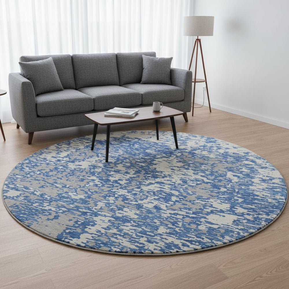 HomeRoots 8' Blue and Ivory Abstract Round Rug – Washable, UV Protected, Stylish for Busy Homes & Kids 675213
