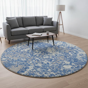HomeRoots 8' Blue and Ivory Abstract Round Rug – Washable, UV Protected, Stylish for Busy Homes & Kids 675213