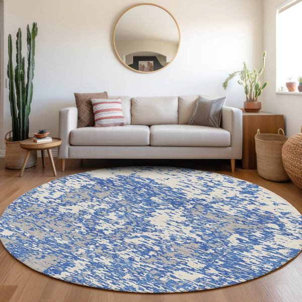 HomeRoots 8' Blue and Ivory Abstract Round Rug – Washable, UV Protected, Stylish for Busy Homes & Kids 675213