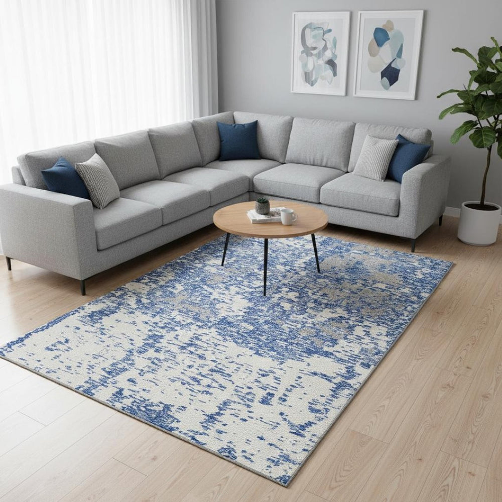 HomeRoots 8' X 10' Stylish Blue & Ivory Abstract Washable Area Rug with UV Protection for Modern Homes 675214