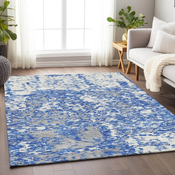HomeRoots 8' X 10' Stylish Blue & Ivory Abstract Washable Area Rug with UV Protection for Modern Homes 675214
