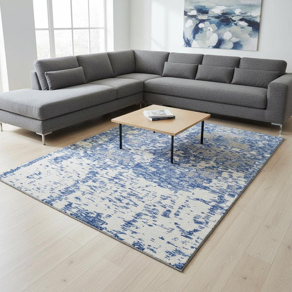 HomeRoots 10' X 14' Blue And Ivory Abstract Washable Area Rug - Durable, Stain-Resistant, UV Protected Design 675216