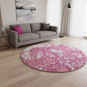 HomeRoots 8' Blush and Ivory Abstract Washable Round Rug - Stylish, Stain-Resistant with UV Protection! 675219
