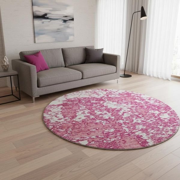 HomeRoots 8' Blush and Ivory Abstract Washable Round Rug - Stylish, Stain-Resistant with UV Protection! 675219
