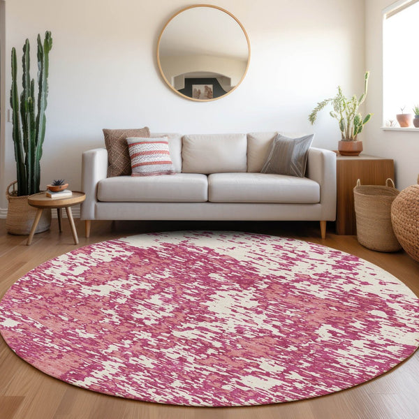 HomeRoots 8' Blush and Ivory Abstract Washable Round Rug - Stylish, Stain-Resistant with UV Protection! 675219