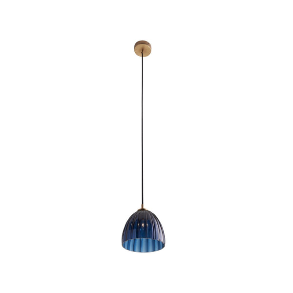 Wildwood Caterina Hand-Blown Aubergine Pendant Light With Fluted Dome And Antique Brass Accent For Dining Spaces Blue 67522