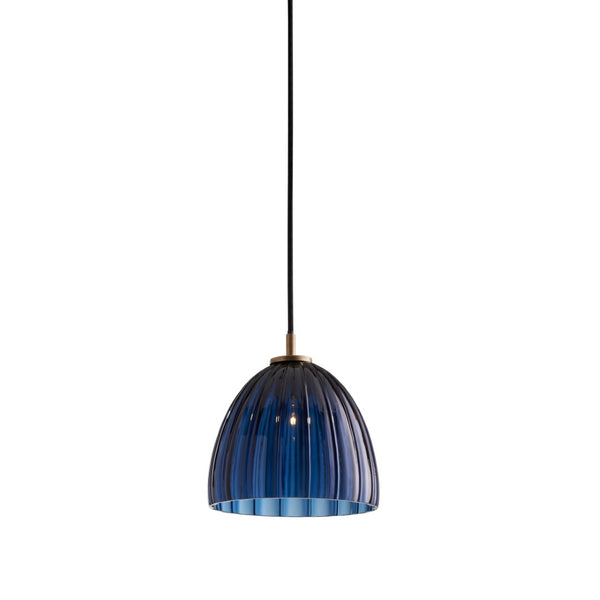 Wildwood Caterina Hand-Blown Aubergine Pendant Light With Fluted Dome And Antique Brass Accent For Dining Spaces Blue 67522