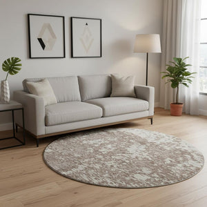 HomeRoots 8' Brown and Beige Abstract Round Rug - Washable, UV Protected, Stain Resistant for Everyday Homes 675225