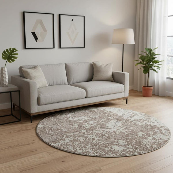 HomeRoots 8' Brown and Beige Abstract Round Rug - Washable, UV Protected, Stain Resistant for Everyday Homes 675225