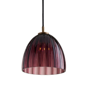 Wildwood Caterina Hand-Blown Aubergine Pendant Light With Fluted Dome And Antique Brass Accent For Dining Spaces Purple 67523