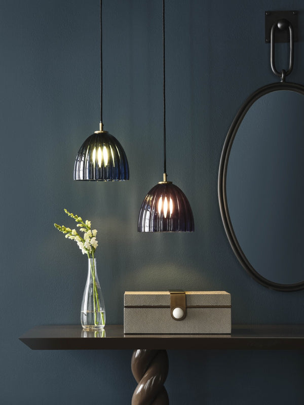 Wildwood Caterina Hand-Blown Aubergine Pendant Light With Fluted Dome And Antique Brass Accent For Dining Spaces Purple 67523