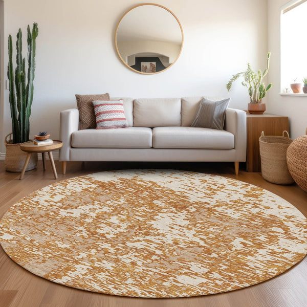 HomeRoots 8' Copper and Ivory Abstract Round Rug - Washable, UV-Protected, Durable, Modern Style for Homes 675231